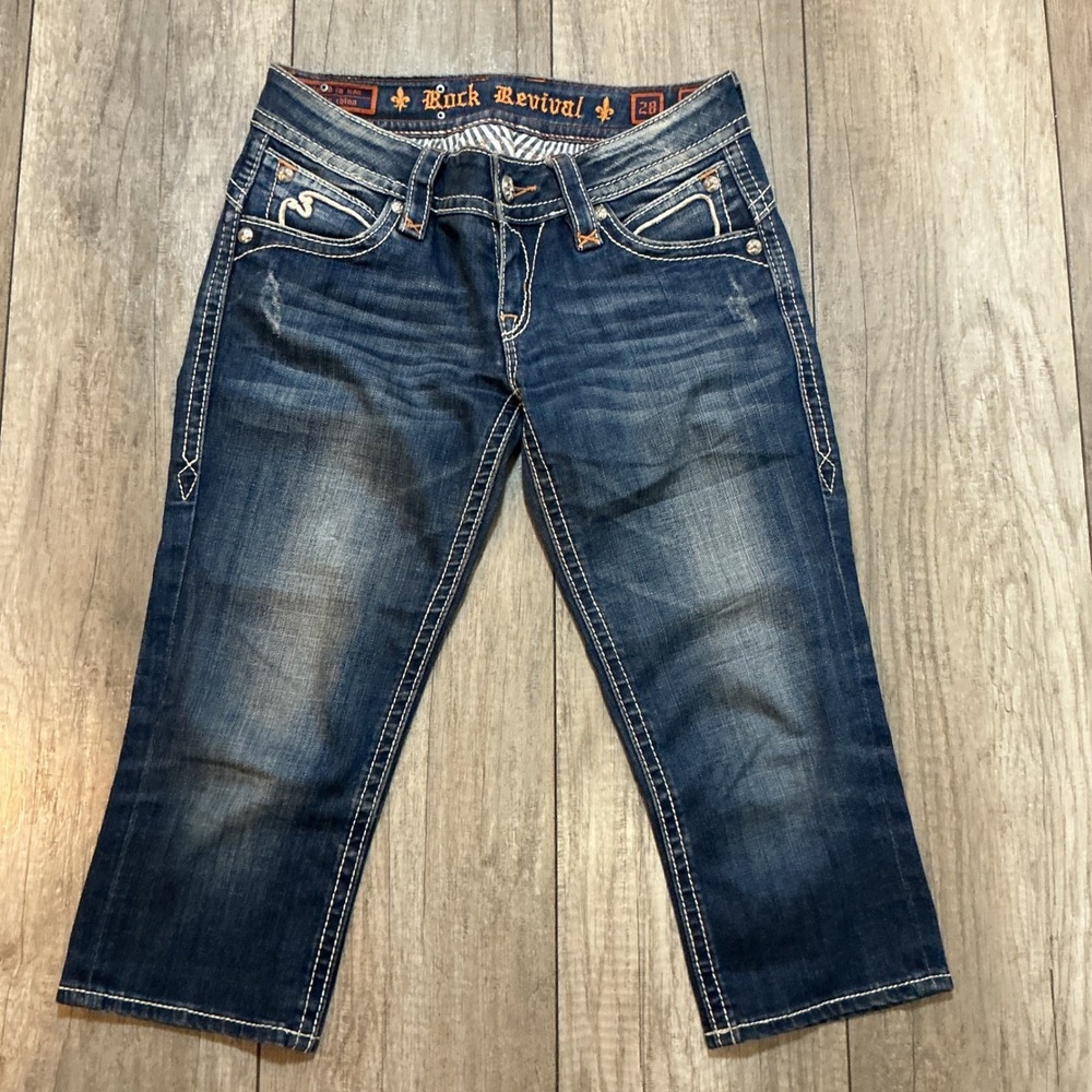 Rock Revival Stephanie Capri Womens 28 Blue Dark Wash Excellent Thick Stitch Y2K